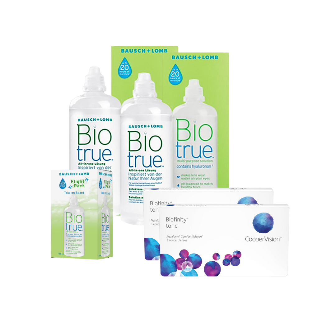 2 Cx Biofinity Toric 6 lentes + 2x Biotrue 300 ML + Kit Viagem - Image 2