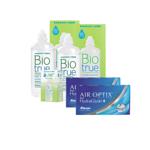 2 Cx AIR OPTIX Plus HydraGlyde 6 lentes + 2x Biotrue 300 + Kit Viagem