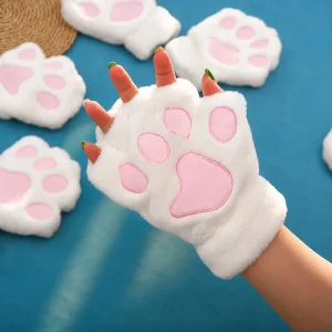 Luva Patinha de Gato Kawaii Sem Dedos Pelúcia Quentinha Feminina