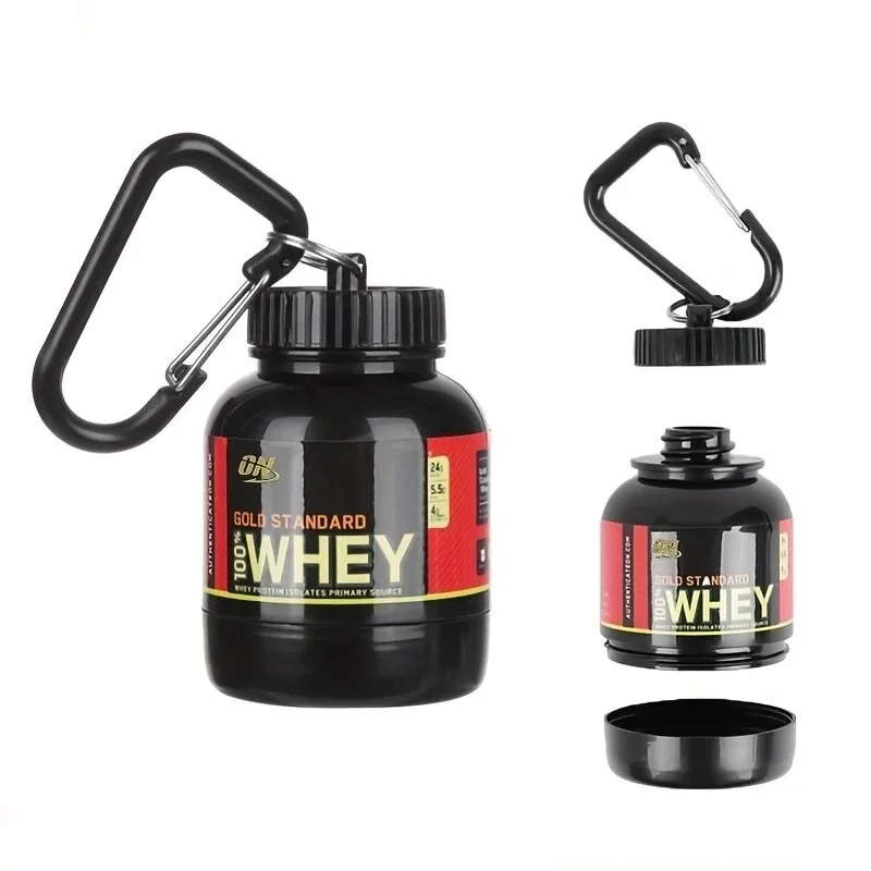 Chaveiro Whey Protein Pote com Tampa e Compartimento para Levar Suplementos em Pó