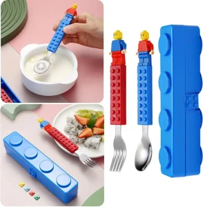 Kit Colher Garfo Estojo Feitos de Blocos de Montar com 2 Bonecos Minifigures Talheres Divertidos Criativos para Lancheira