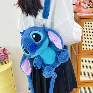 Mochila Stitch de Pelúcia Azul Fofo Lilo com Alças Zíper Bolsa Divertida e Diferente